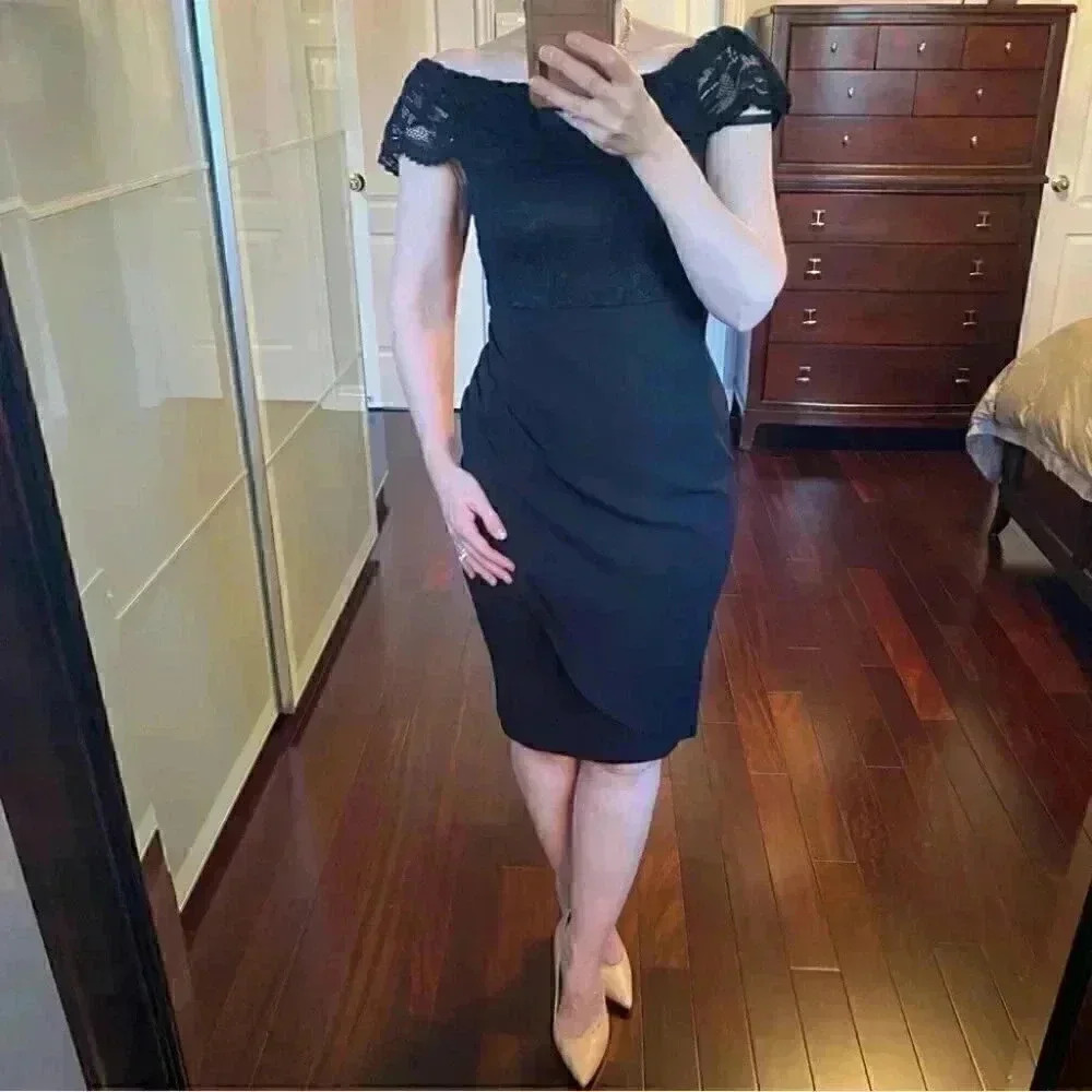 Le Chateau Black Cocktail Dress Off Shoulder Bardot Lace Bodice Formal LBD XS - Picture 16 of 16